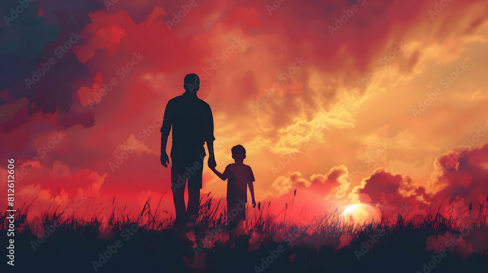 Fototapeta premium fathers day silhouette with dad and son on background.father and child in the sunset card design.generative ai 