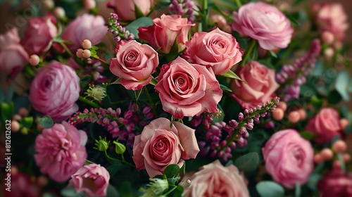   A bouquet of pink roses on a table with a vase of purple and pink flowers