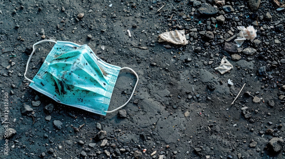 Dirty Used Face Mask Abandoned on Asphalt Floor in Garbage Pile, Symbolizing Contaminated Social Dirty Used Face Mask Abandoned on Asphalt Floor in Garbage Pile, Symbolizing Contaminated Social