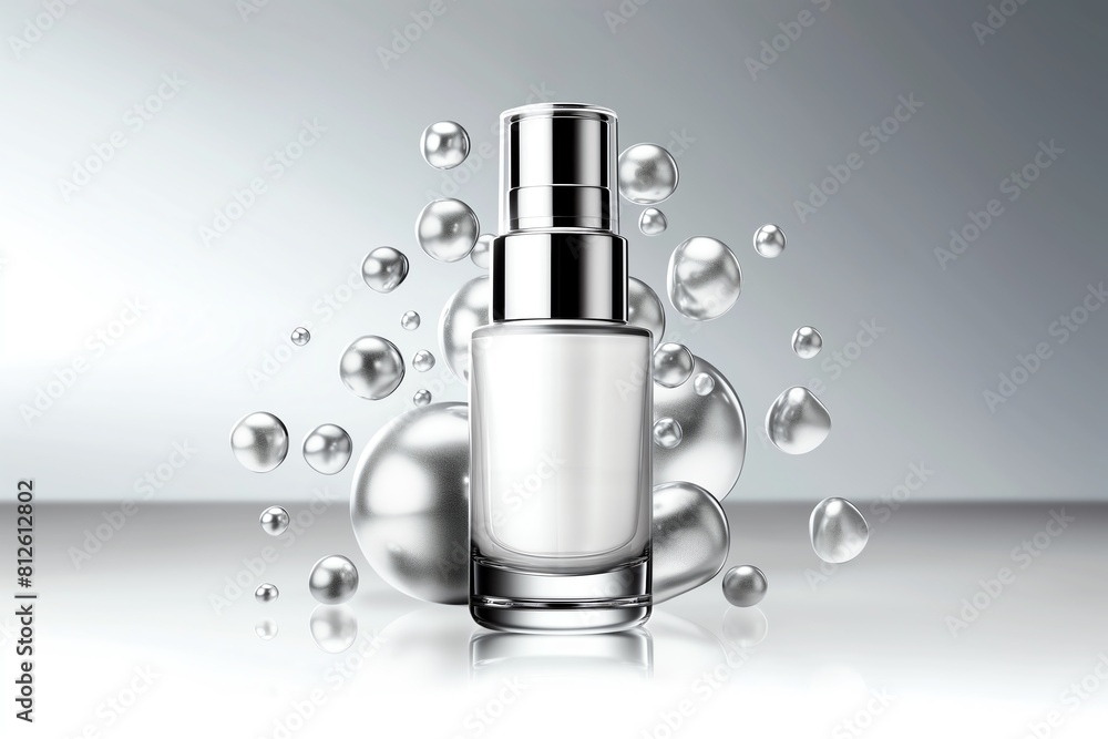 A cosmetic bottle sitting on a reflective surface with silver bubbles floating around it. A cosmetic bottle sitting on a reflective surface with silver bubbles floating around it.