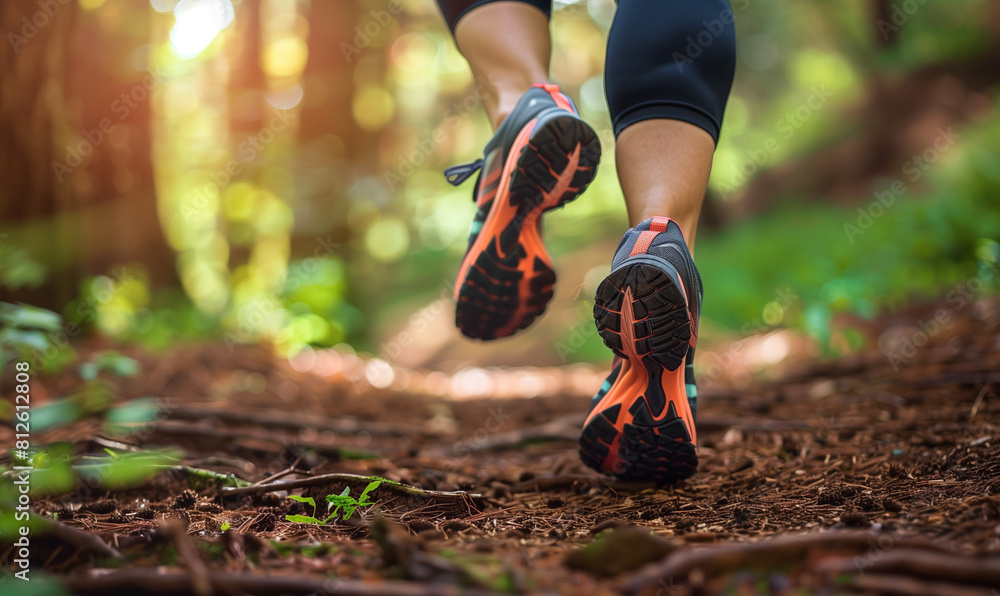 Woman runner on a forest path, with a close-up view of mountain running shoes. A runner in dynamic movement, with one foot floating above the ground and the other firmly resting on a forest path. Woman runner on a forest path, with a close-up view of mountain running shoes. A runner in dynamic movement, with one foot floating above the ground and the other firmly resting on a forest path.
