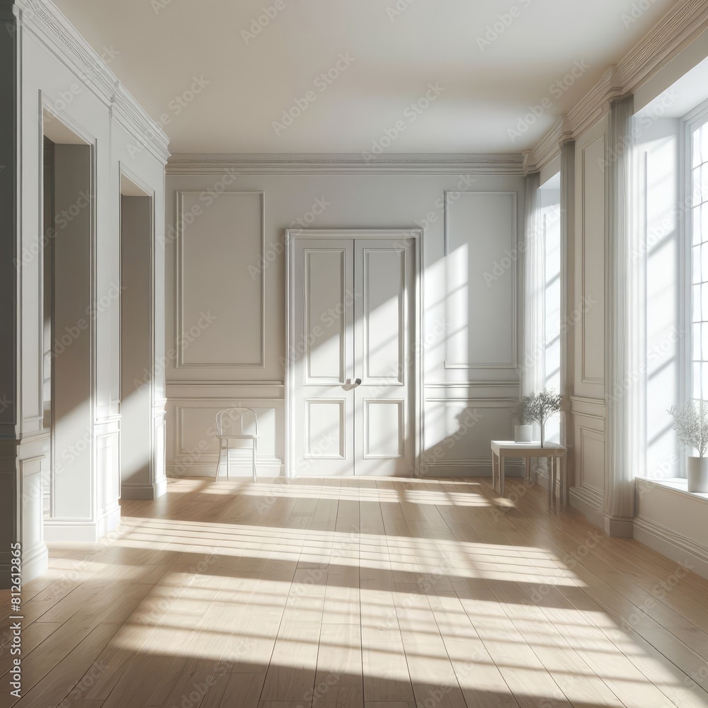 Fototapeta premium A Room with a template mockup poster empty white and with white walls and a wood floor art realistic used for printing.
