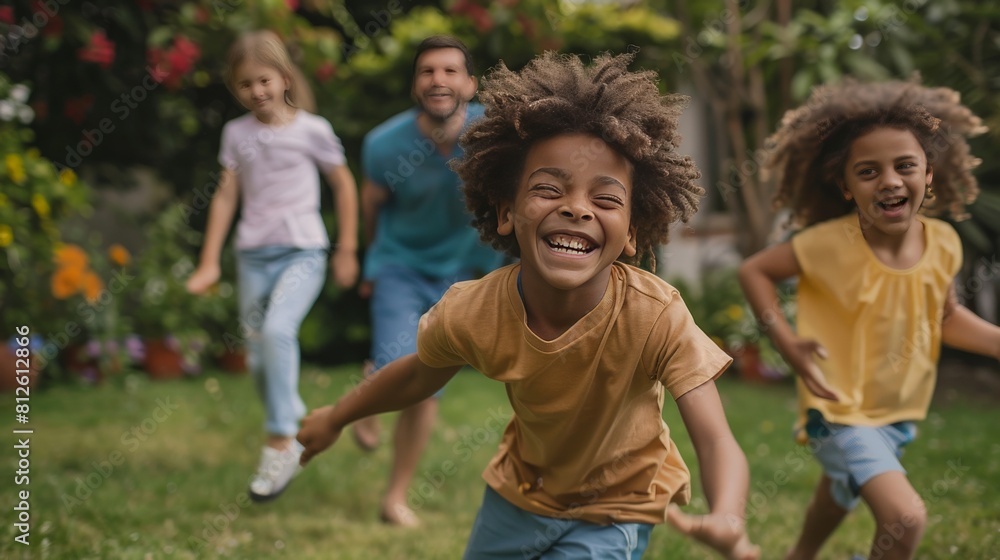 Fototapeta premium Kids are having fun playing together in the backyard.