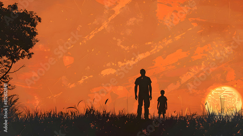 fathers day silhouette with dad and son on background.father and child in the sunset card design.generative ai 