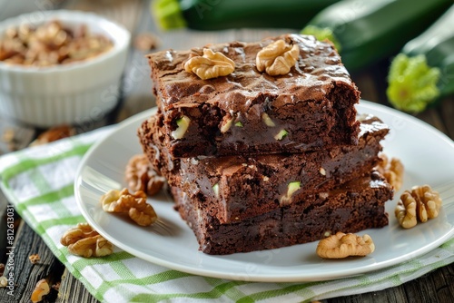 A Decadent Delight: Zucchini Brownies with Walnuts and Creamy Chocolate Sauce on a Plate