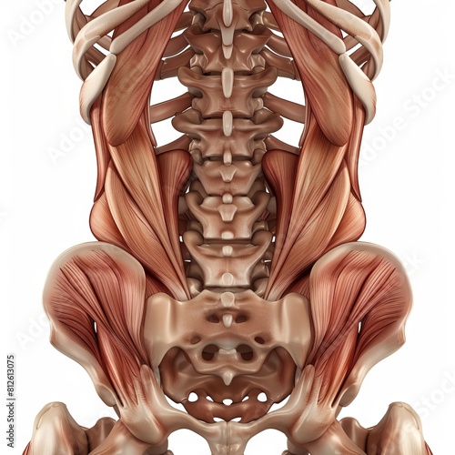 Human back and hip muscles and bones, detailed anatomy