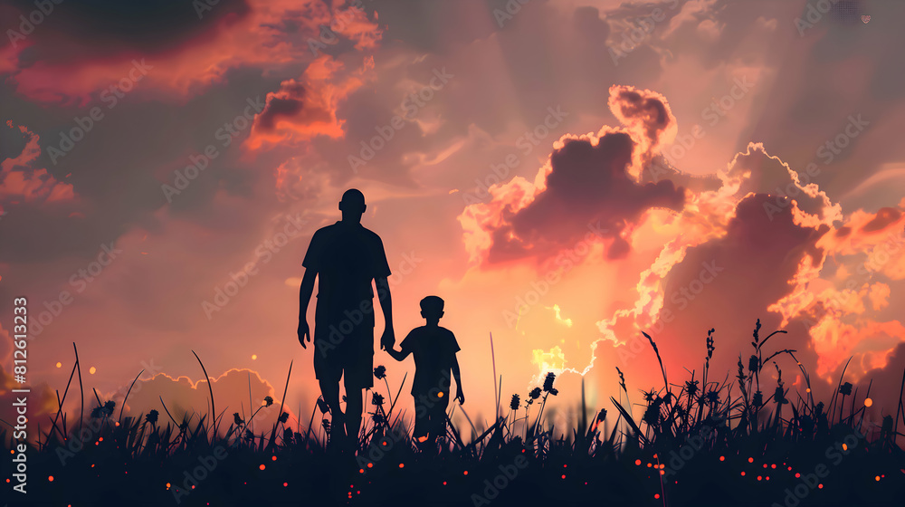 Fototapeta premium fathers day silhouette with dad and son on background.father and child in the sunset card design.generative ai