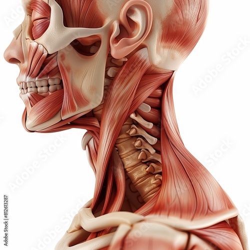 Side view of human head and neck muscles, detailed photo