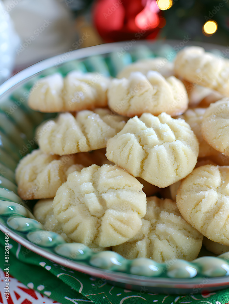 A bowl of cookies with a green background. The cookies are white and have a frosting on top. Generative AI A bowl of cookies with a green background. The cookies are white and have a frosting on top. Generative AI