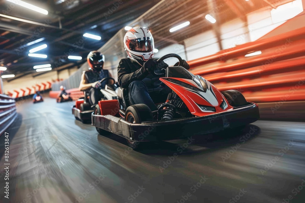 High-Speed Indoor Kart Racing in Motion Blur. Beautiful simple AI generated image in 4K, unique.