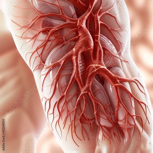 The image shows a detailed view of the human circulatory system with red and blue vessels. photo
