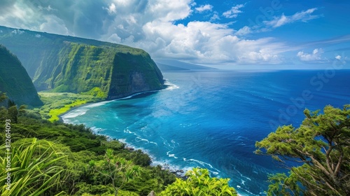 Nature's Paradise: Scenic View of Hawaii's Waipio Valley Lookout with Ocean and Tropical Greenery - photo