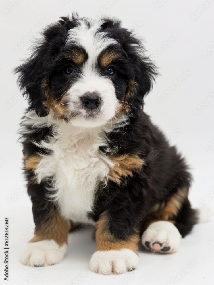 Studio Portrait of Adorable Bernedoodle Puppy on White Background, Bernese Breed Canine in Focus