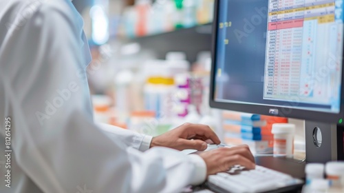 Pharmacist wearing white coat using computer to check  medicines validity in the pharmacy