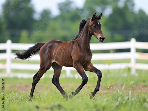 Bay Standardbred Filly in Action! Herd of Yearlings Run with Group of Horses in Paddock photo