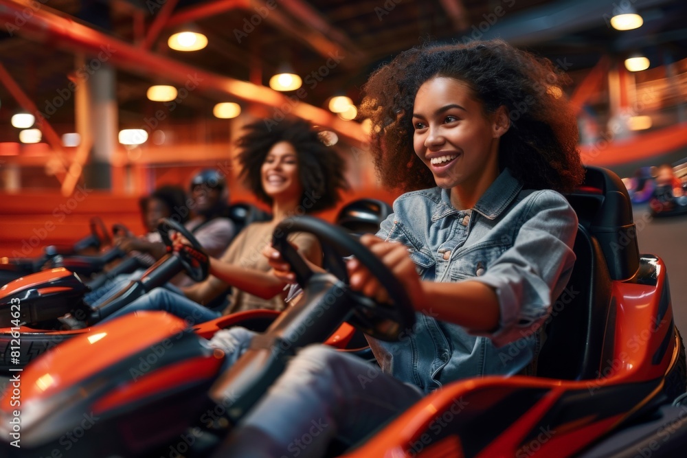 View of indoor karting racetrack, go-kart competition, go-cart racing track. Beautiful simple AI generated image in 4K, unique. View of indoor karting racetrack, go-kart competition, go-cart racing track. Beautiful simple AI generated image in 4K, unique.