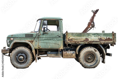 Vintage Unimog Truck for Agriculture and Transportation. Isolated Green Unimog Tow Truck photo
