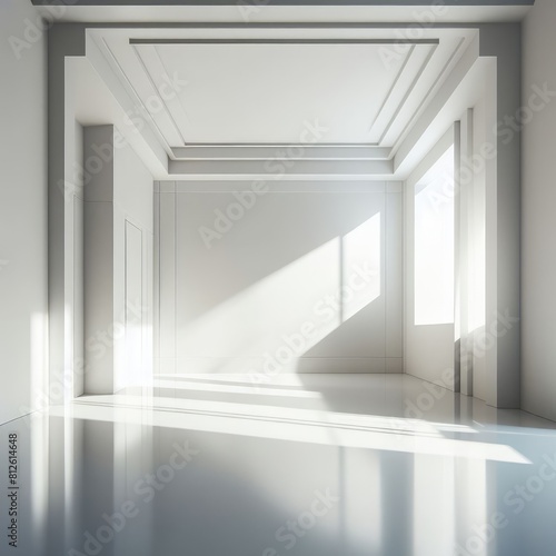 A Room with a template mockup poster empty white and with white walls and a white floor image art realistic used for printing. © Colon