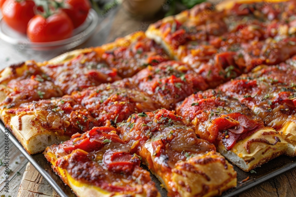 Traditional Detroit Pizza Sliced on Iron Tray for Epicure Lunch. Closeup of Pork Meat with Pepper Traditional Detroit Pizza Sliced on Iron Tray for Epicure Lunch. Closeup of Pork Meat with Pepper
