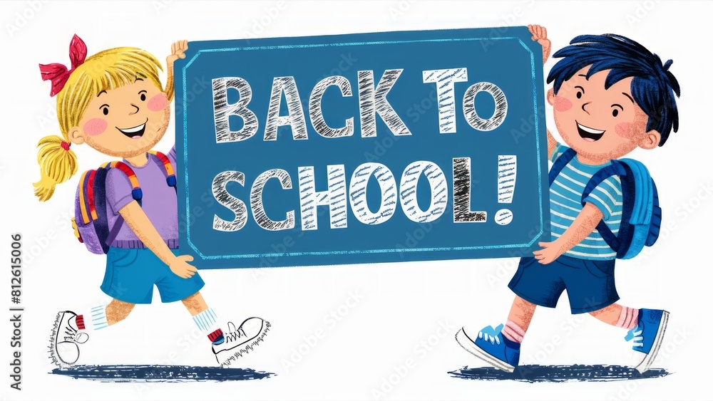 Cheerful Children Holding Back to School Sign at Start of Academic Year Cheerful Children Holding Back to School Sign at Start of Academic Year