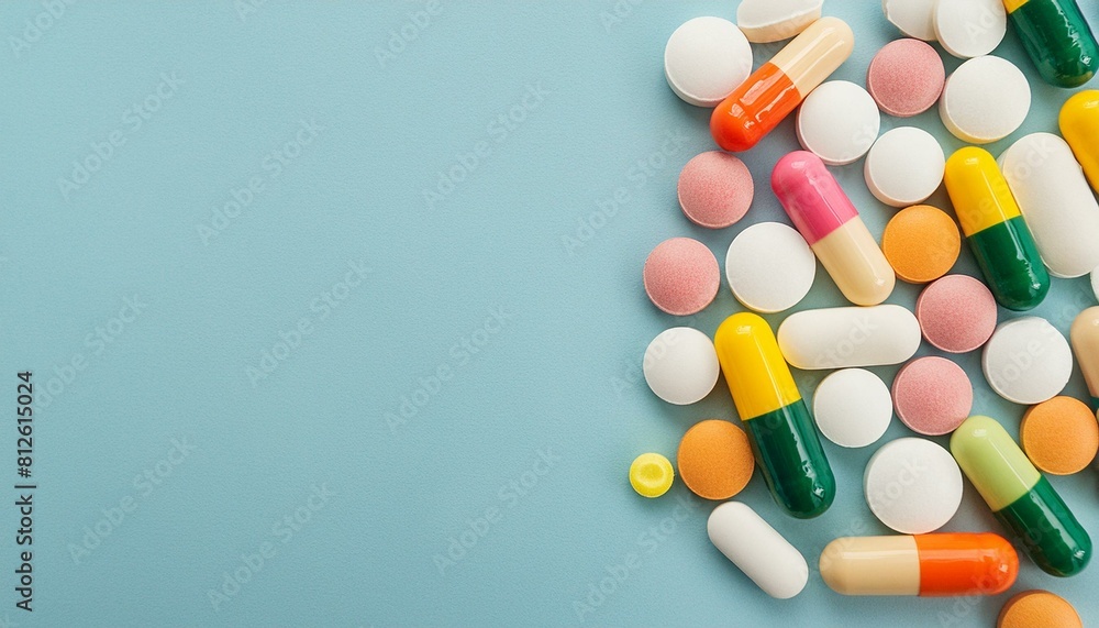 Top down view of pharmaceutical pills. Colourful prescription tablets on a plain background. Copy space for text. Marketing healthcare banner with empty space on righ side Top down view of pharmaceutical pills. Colourful prescription tablets on a plain background. Copy space for text. Marketing healthcare banner with empty space on righ side