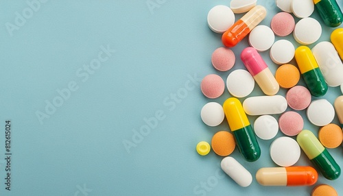 Top down view of pharmaceutical pills. Colourful prescription tablets on a plain background. Copy space for text. Marketing healthcare banner with empty space on righ side
