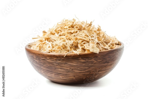 Shredded Slippery Elm Bark Herbal Medicine. Small Fuzzy Bowl Filled with Portion of Health Care