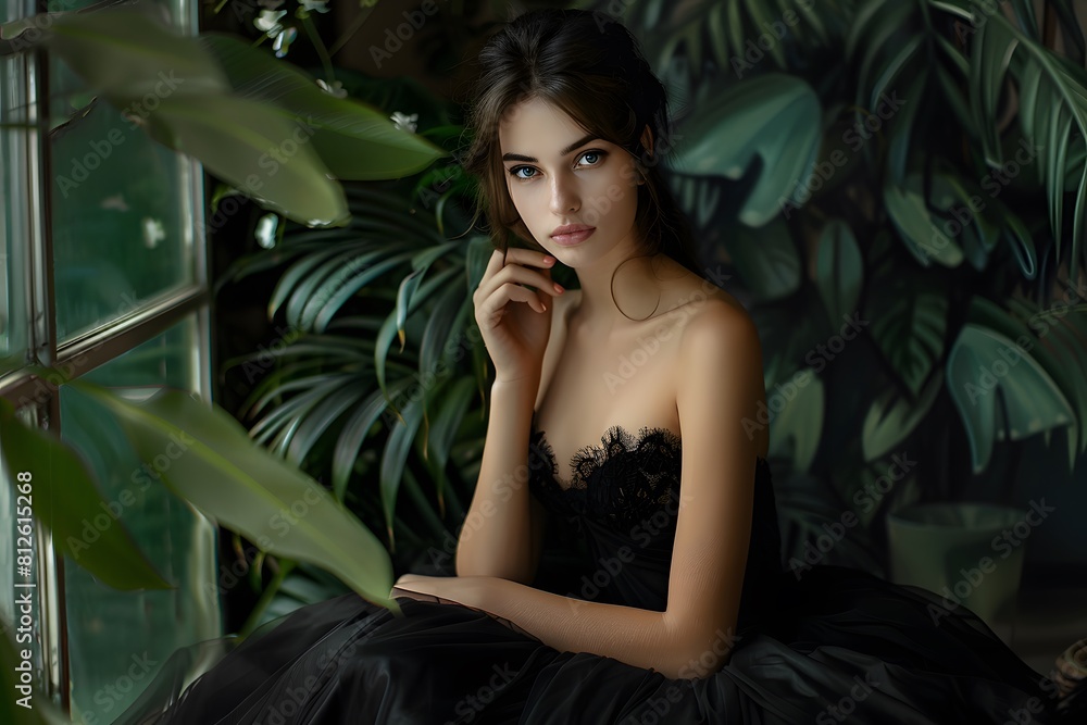 A young beautiful woman in a black evening dress and hairstyle sits among tropical plants. Close-up. A young beautiful woman in a black evening dress and hairstyle sits among tropical plants. Close-up.