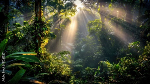 Dark rainforest with sun rays through the trees  rich jungle greenery