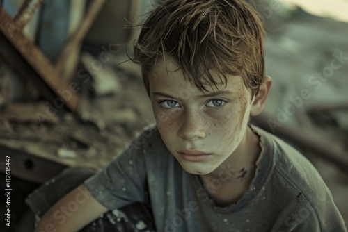 Portrait of a solemn boy with freckles, staring intently, amidst ruins photo