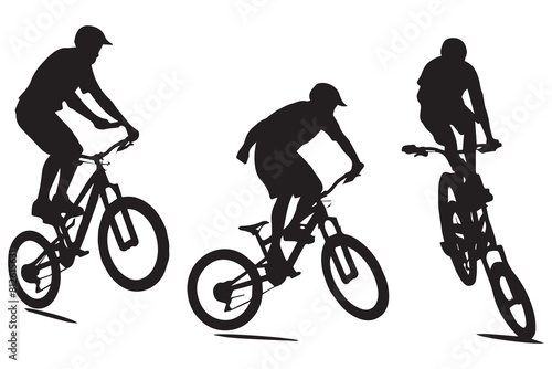 Black silhouettes of bicyclist rider jumping on a white background
