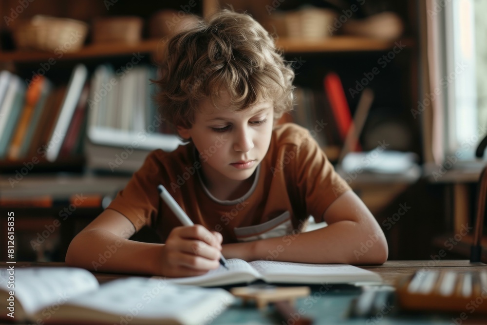 Focused young boy studying with books and notebooks in a cozy home environment Focused young boy studying with books and notebooks in a cozy home environment