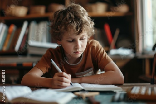 Focused young boy studying with books and notebooks in a cozy home environment