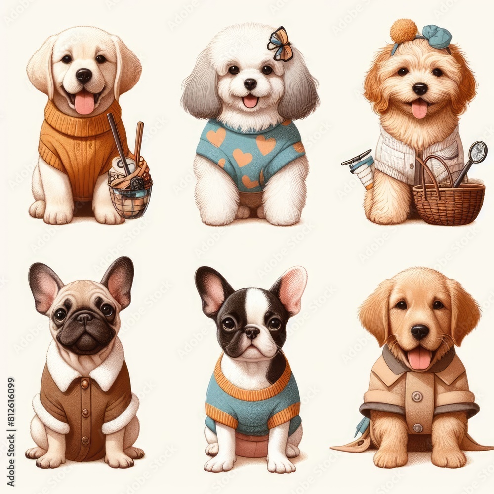 Obraz premium Many dogs wearing clothes image art lively used for printing card design illustrator.