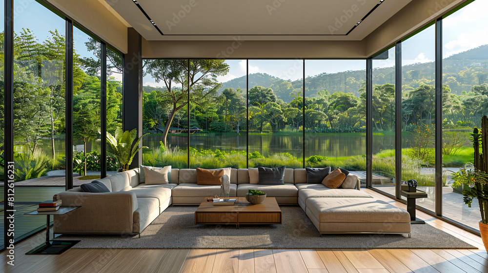 Modern living room with panoramic windows overlooking nature