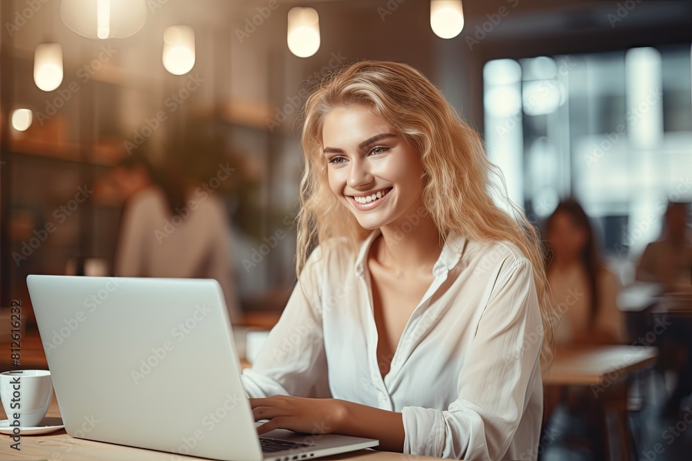 Young beautiful joyful woman smiling while working with laptop in office. Young beautiful joyful woman smiling while working with laptop in office.