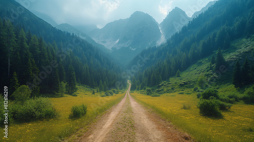 Aerial view on the road between green hills and trees.