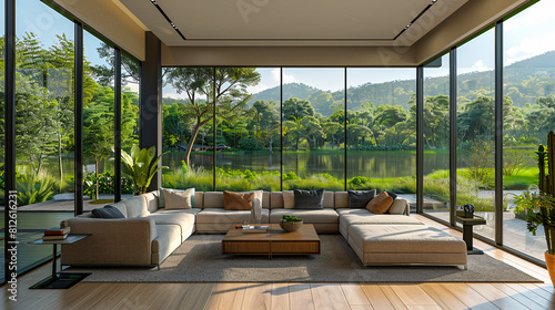 Modern living room with panoramic windows overlooking nature