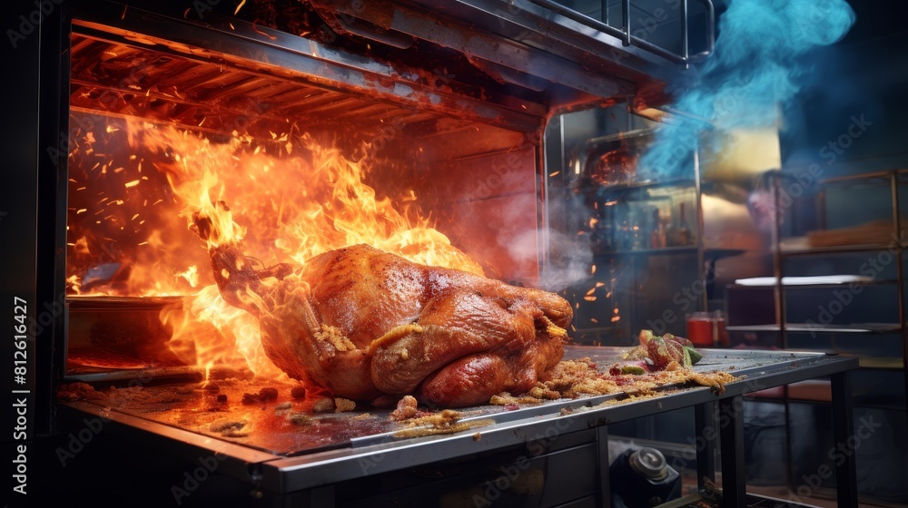Capture the essence of a culinary rebellion with an unexpected camera angle from inside a flaming oven, showcasing chaos and creativity in a hyper-realistic oil painting style Capture the essence of a culinary rebellion with an unexpected camera angle from inside a flaming oven, showcasing chaos and creativity in a hyper-realistic oil painting style