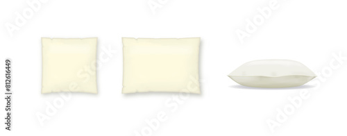 White pillow square shape top, side and front view. Realistic cushion for sleep mockups set pillow isolated on white. Vector