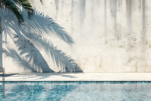 Tropical summer background with concrete wall, pool water and palm leaf shadow. Luxury hotel resort exterior for product placement. Outdoor vacation holiday house scene, neutral archit. Generative Ai. photo