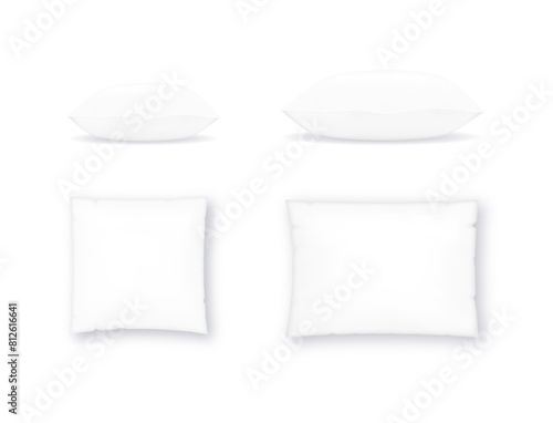 Square, rectangular and bolster pillow. Pillow mockup in front view. Design element for spa, brands and salons. Vector
