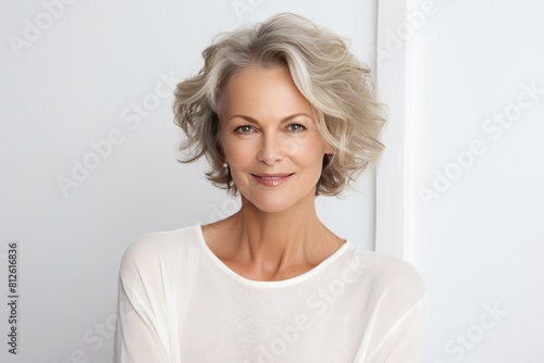 Beautiful gorgeous 50s mid aged mature woman looking at camera isolated on white.