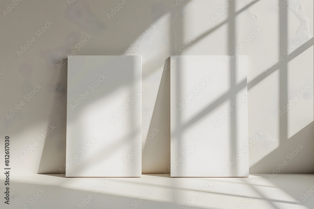 Two empty white vertical rectangle poster or business card mockups with diagonal window shadow mock up. Generative Ai. Two empty white vertical rectangle poster or business card mockups with diagonal window shadow mock up. Generative Ai.