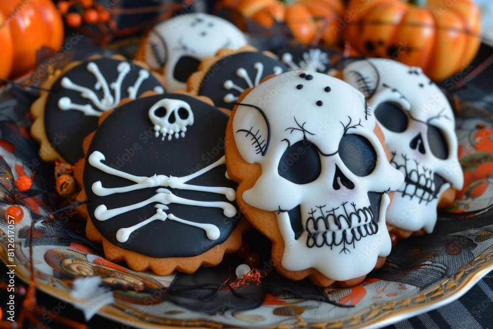 Halloween dessert - creepy cookies skulls shapes. AI generated