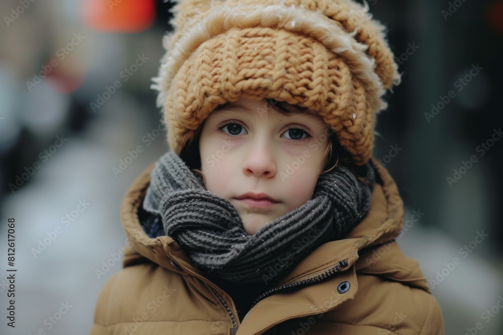 Close-up of a thoughtful child bundled up in warm winter clothing on a chilly day Close-up of a thoughtful child bundled up in warm winter clothing on a chilly day