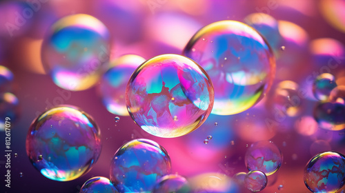 A close-up of colorful soap bubbles floating in the air, reflecting the world in their iridescent surfaces.