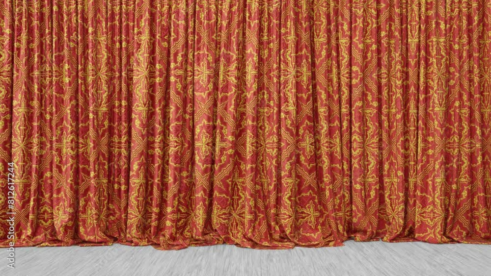 Realistic 3D animation of the luxurious textured red curtain with fancy embossed ornament and white wood floor rendered in UHD with alpha matte Realistic 3D animation of the luxurious textured red curtain with fancy embossed ornament and white wood floor rendered in UHD with alpha matte