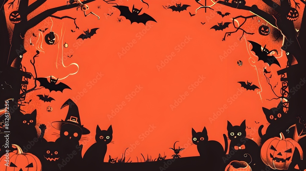 Spooky Halloween Scene with Pumpkins Cats and Bats in Haunting Eerie Autumn Landscape