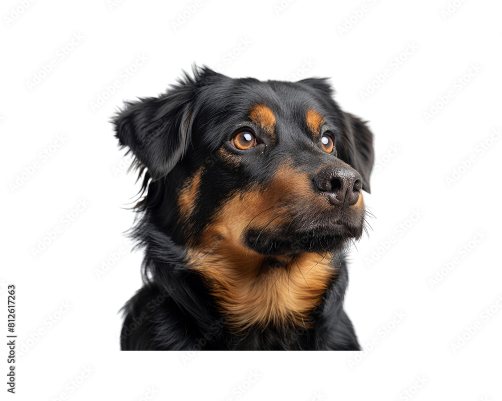 A black and brown dog with a brown nose and brown eyes
